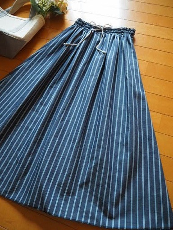 ストライプギャザースカート　リネン混　フリーサイズ 7枚目の画像