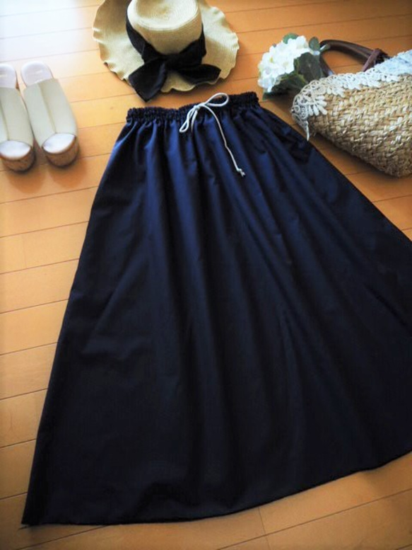 コットンリネンのシンプルギャザースカート☆フリーサイズ　ネイビー 4枚目の画像
