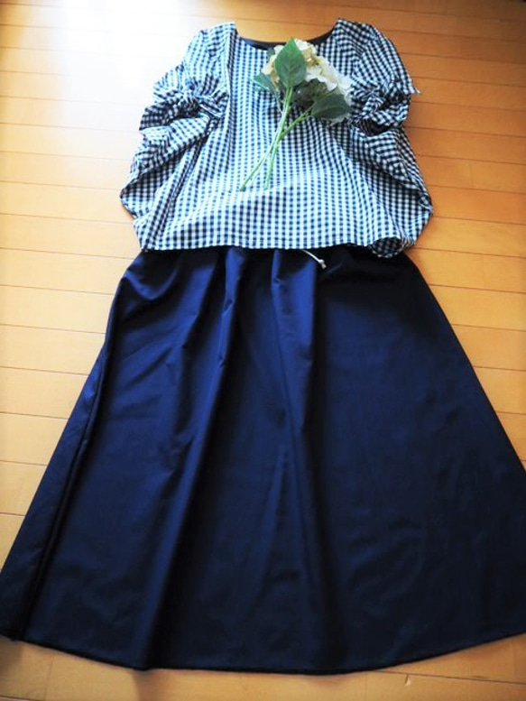 コットンリネンのシンプルギャザースカート☆フリーサイズ　ネイビー 5枚目の画像