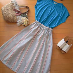 シンプルギャザースカート　ブルー系ストライプ　フリーサイズ　RickRack 3枚目の画像