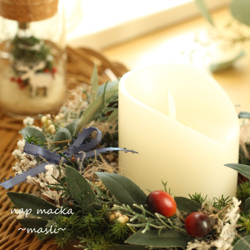 Masli~オリーブのリースとキャンドルランプのセット～リモコン付き