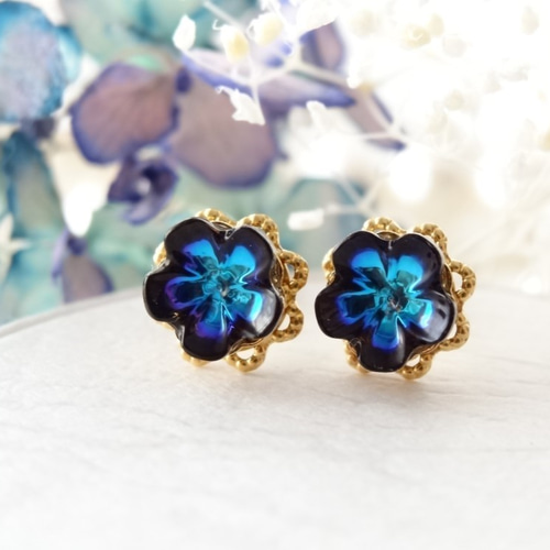 ヴィンテージスワロフスキー フラワーピアス *Bermuda blue ピアス