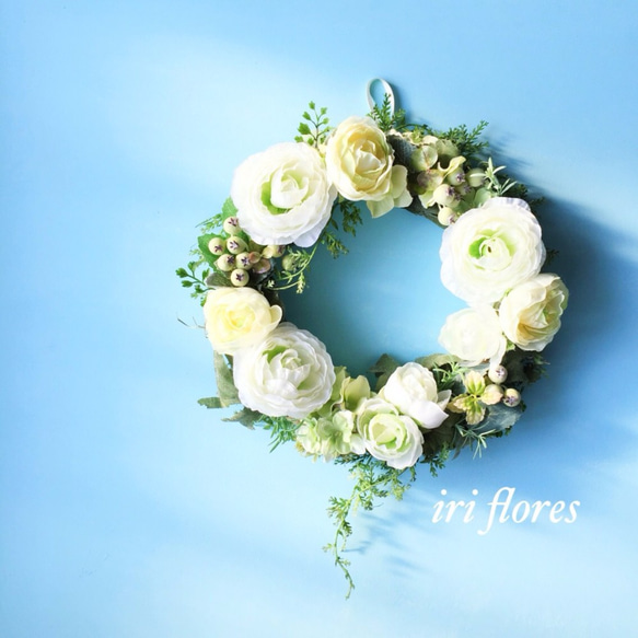 M様専用✳︎8種のグリーン✳︎ラナンキュラス×紫陽花✳︎結婚式 ウエディング ウエルカムリース 2枚目の画像