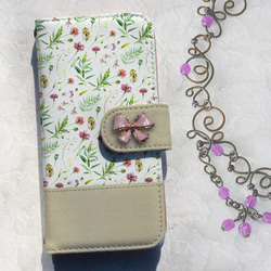iPhone14/全機型免運費☆筆記本型智能手機保護套/保護套 粉色緞帶天然草本花卉圖案 第1張的照片
