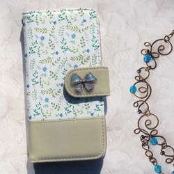 iPhone14/全機型免運費☆筆記本型智能手機保護套/保護套 天然草本藍帶絲帶 花卉圖案 第1張的照片