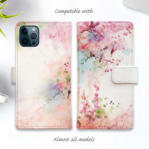 iPhone17/iPhone Air/iPhone17 Pro 全機種対応☆手帳型 水彩画 春の