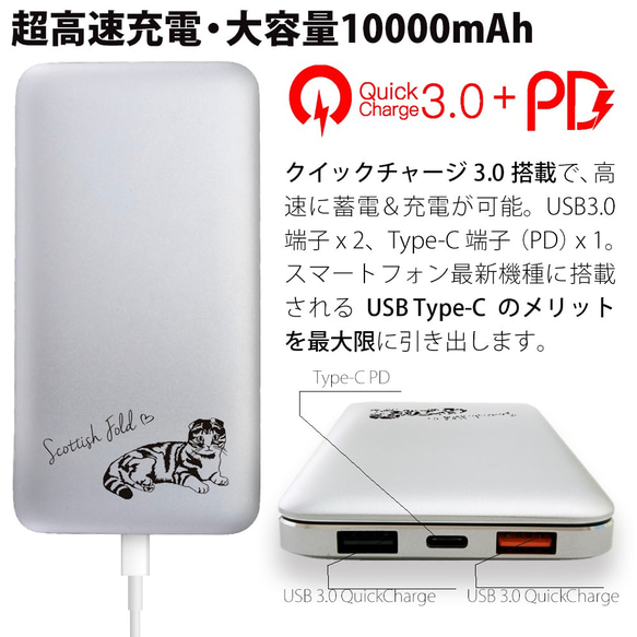 超高速充電対応モバイルバッテリー QuickCharge3.0 10000mAh スコティッシュフォールドの刻印 2枚目の画像