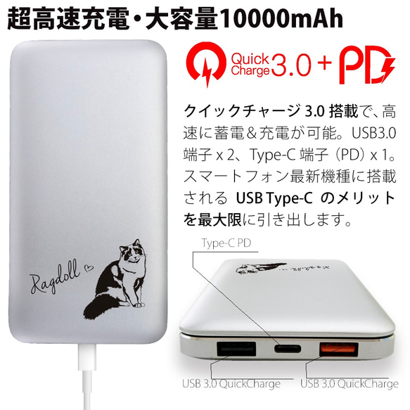 超高速充電対応モバイルバッテリー QuickCharge3.0 10000mAh ラグドールの刻印 2枚目の画像