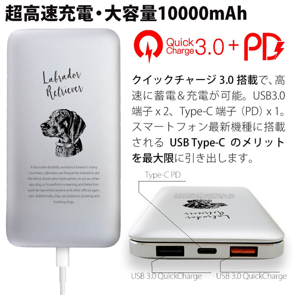 超高速充電対応モバイルバッテリー QuickCharge3.0 10000mAh ラブラドールレトリバー 3枚目の画像