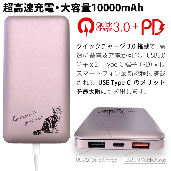 超高速充電対応モバイルバッテリー ピンク QuickCharge3.0 10000mAh アメリカンショートヘアの刻印 2枚目の画像