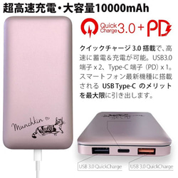 超高速充電対応モバイルバッテリー ピンク QuickCharge3.0 10000mAh マンチカンの刻印 2枚目の画像