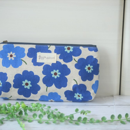 送料無料 オリジナルポーチ 北欧風 花柄 ブルー 化粧ポーチ、通帳や 