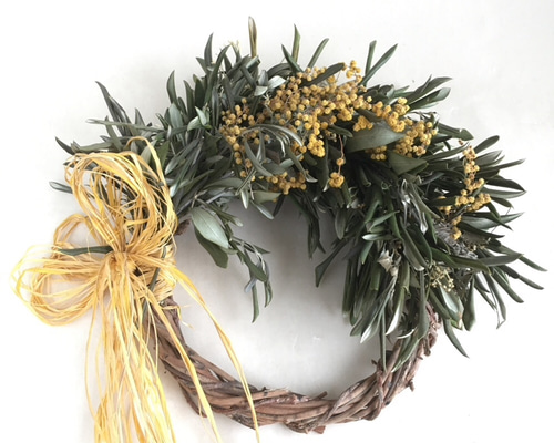 ミモザとオリーブのハーフリース（現品） ドライフラワー cocoro+ 通販