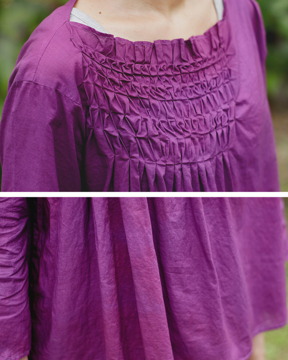 紫陽花ブラウス・濃紫【スモッキング刺繍、染色】 3枚目の画像