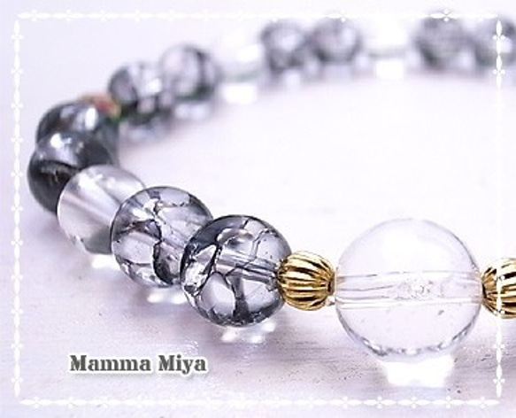 【再販】Mamma Miya　黒爆裂水晶・水晶・七宝数珠玉の腕輪　de-51-14 2枚目の画像