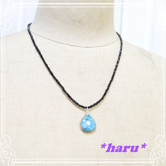 * haru * Larimar和黑色尖晶石項鍊de-107-hr-15 第5張的照片