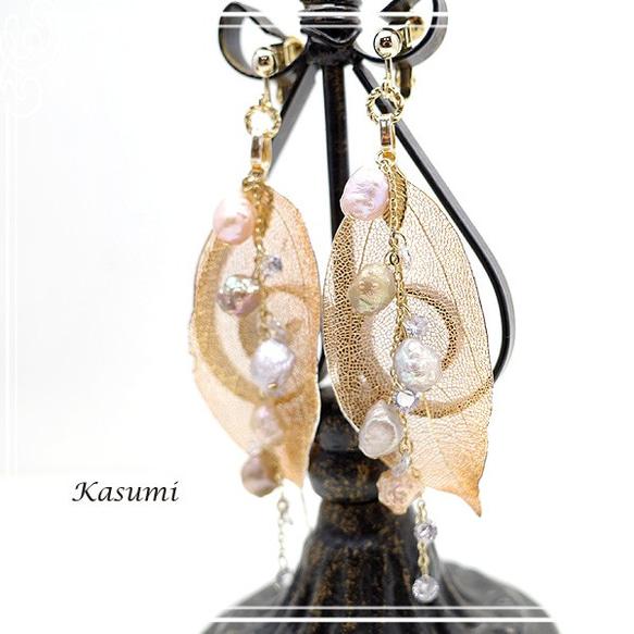 Kasumi 巴洛克淡水珍珠和真葉零件耳環 de-59-ks-348 第5張的照片