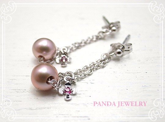 PANDA JEWELRY 　シンデレラパールピアス・ルビーお花　p-004-p-r