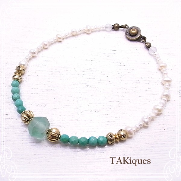 TAKiques　アンティークガラスビーズ＆ターコイズ＆パールアンクレット　de-74-tq-026