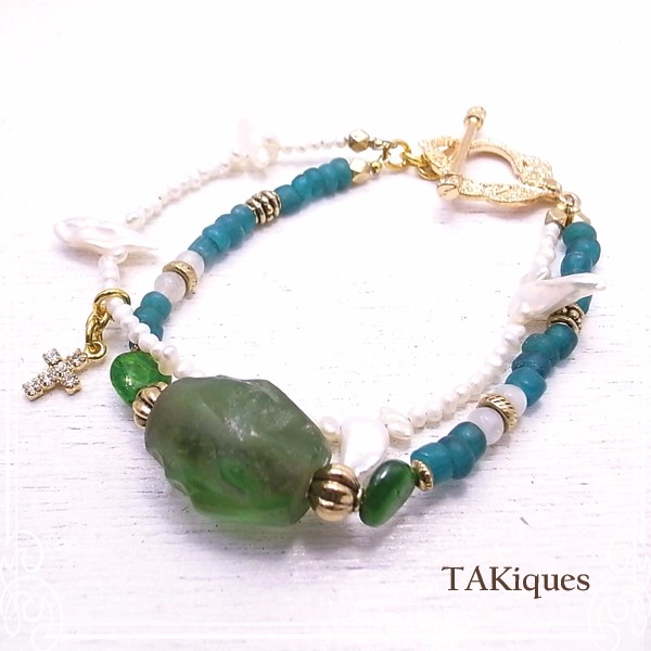 TAKiques　アンティークガラスビーズ＆ジェムストーン2連ブレスレット　de-74-tq-030