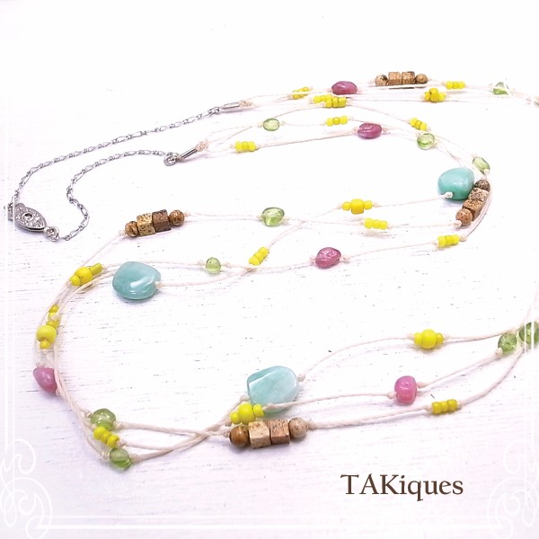 TAKiques　アンティークガラスビーズ＆ジェムストーン3連ネックレス　de-74-tq-033 5,375円