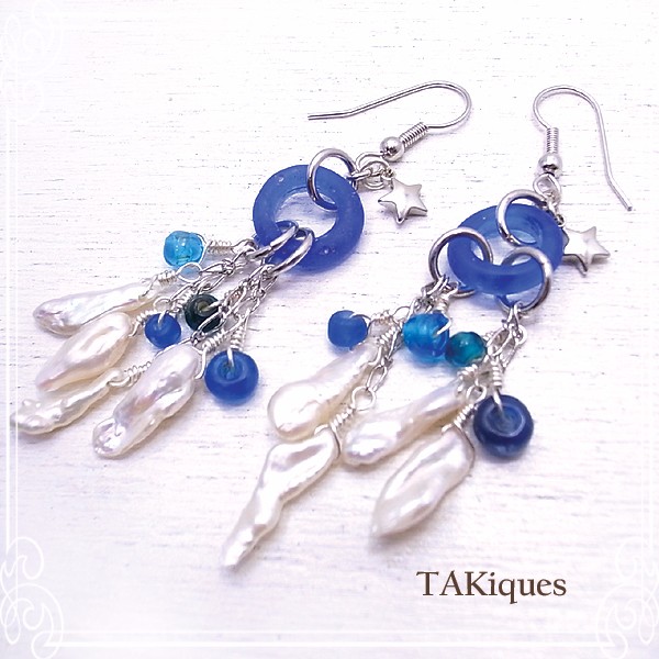 TAKiques　アンティークガラスビーズ＆パールフリンジピアス　de-74-tq-038