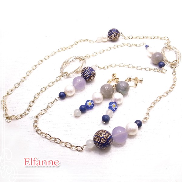 Elfanne　ネイビーのいたずら　ネックレス＆イヤリング　de-81-el-53 (EABN+Y-0001)