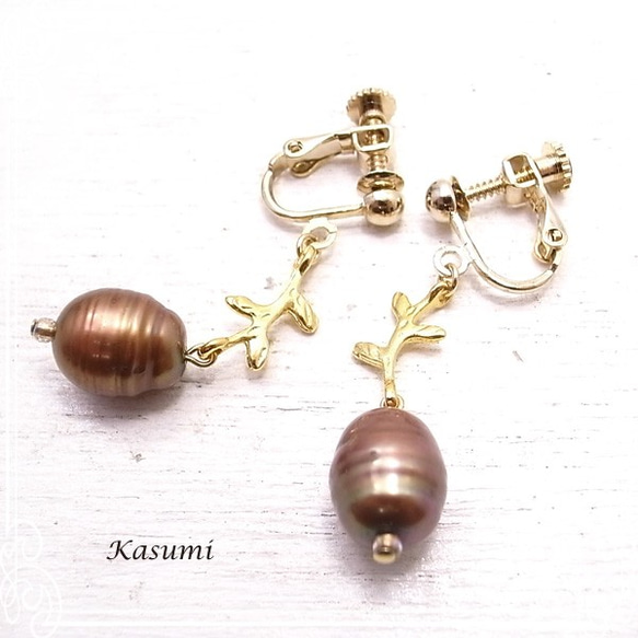 Kasumi淡水珍珠耳環，配以堅果de-59-ks-235的圖片 第1張的照片