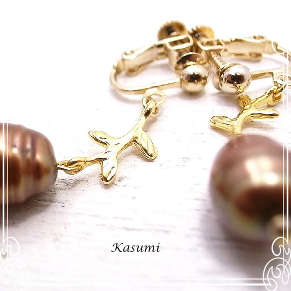 Kasumi淡水珍珠耳環，配以堅果de-59-ks-235的圖片 第3張的照片