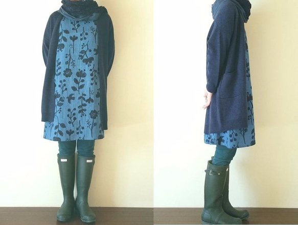 ダブルガーゼのポンチョ。トリとお花。ネイビー。M・L【受注製作】 7枚目の画像