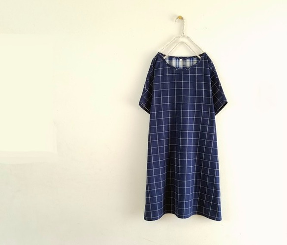 播州織ダブルガーゼのポンチョ。ウインドウペンチェック。ネイビー。　M・L【受注製作】 1枚目の画像