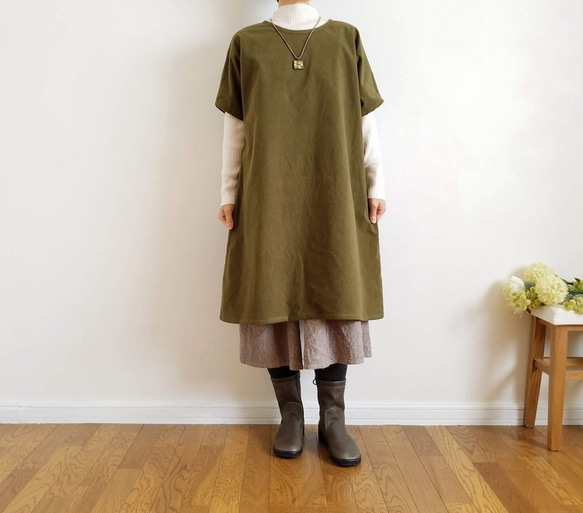 コットンフランネルの起毛ポンチョ。オリーブグリーン。М・Ｌ【受注製作】 1枚目の画像