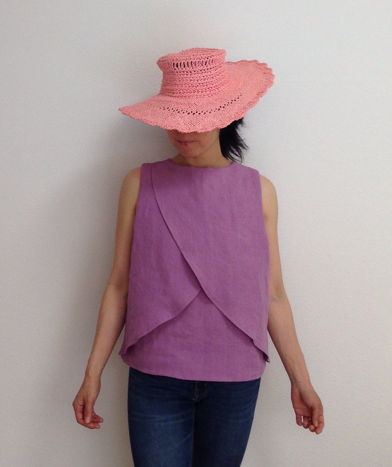 再販 ＊お色が選べる・共布のヘアターバン付き・バッククロスのブラウス