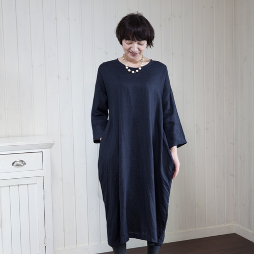 コクーンシルエットワンピース ネイビー（ラウンドネック）[受注
