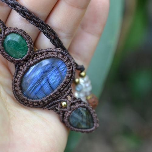 ラブラドライト　3点セット　マクラメ　ペンダント ラブラドライト3連マクラメペンダント ネックレス・ペンダント Funky