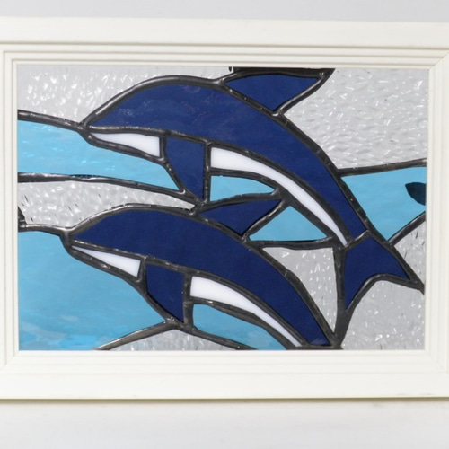 ステンドグラス　2色イルカのパネル(スタンド付) ステンドグラス 2色のイルカのパネル(スタンド付) ステンドグラス 2色