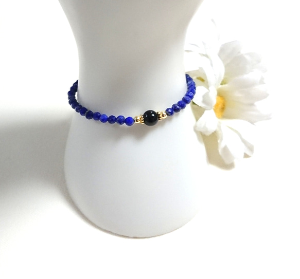 【１２月の誕生石】黒水晶ブラジル産モリオンとラピスラズリのお守りブレスレット 1枚目の画像