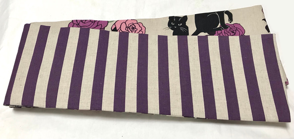 黒猫と紫の薔薇柄　半幅帯長尺リバ 5枚目の画像