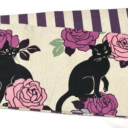 黒猫と紫の薔薇柄　半幅帯長尺リバ 6枚目の画像
