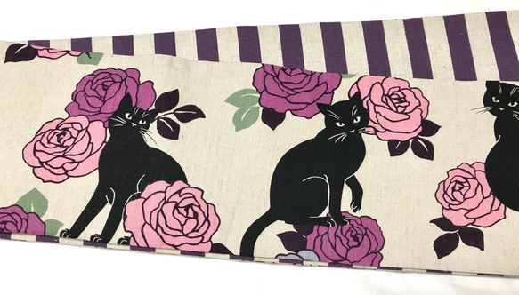黒猫と紫の薔薇柄　半幅帯長尺リバ 6枚目の画像