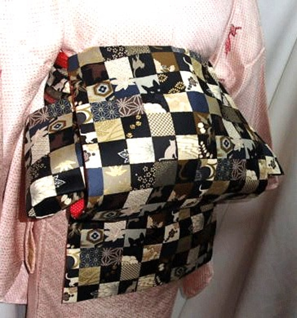 名古屋帯 市松 モノトーン 格子 白 黒 着物 045a d 色別 ,白黒系