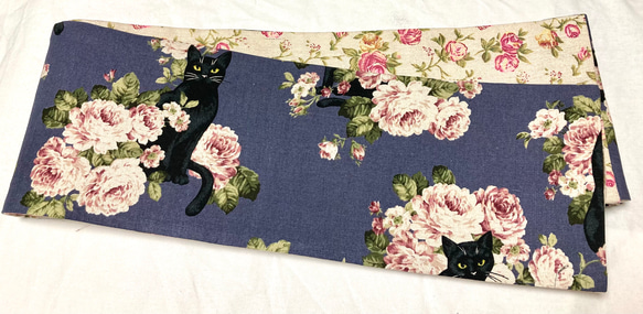 黒猫と薔薇柄　ブルーグレー　半幅帯長尺リバ 4枚目の画像