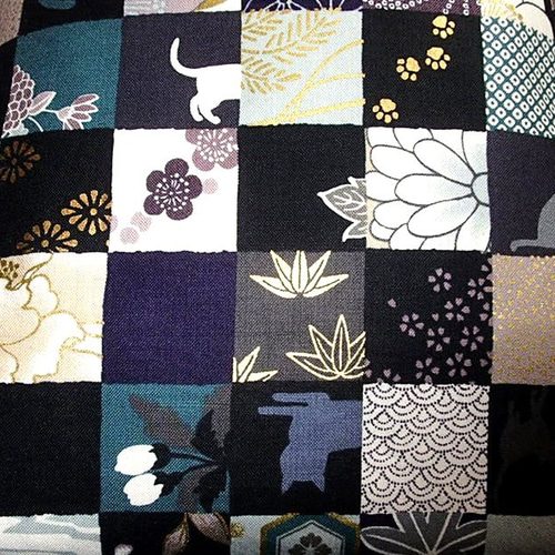 名古屋帯 黒 市松チェック柄 ビジュー付き　ラインストーン 割付 わりつけ 菊桜 黒 西陣織 名古屋帯 しょうは地 紹巴