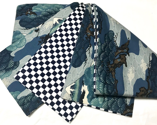 青系日本的な鶴と松柄半幅帯新品長尺リバ 着物 お羊屋 通販 6012745