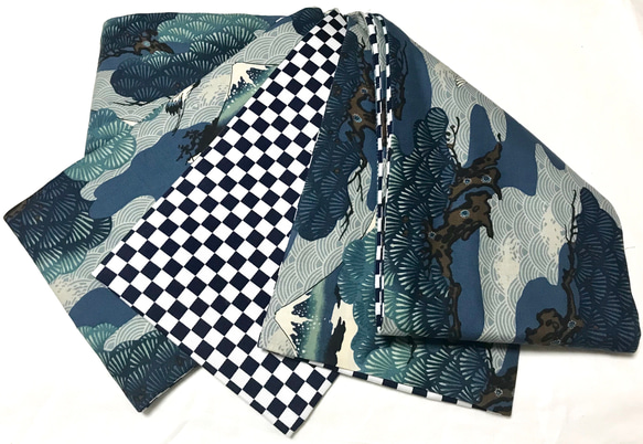 青系日本的な鶴と松柄半幅帯新品長尺リバ 着物 お羊屋 通販 6012745