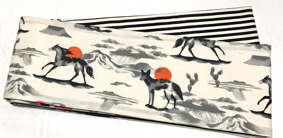 馬と狐の墨絵柄半幅帯　新品長尺リバ 4枚目の画像