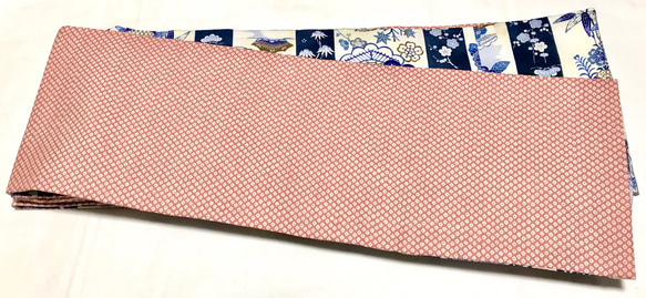 USAコットン青系日本的な柄半幅帯　新品長尺リバ 5枚目の画像