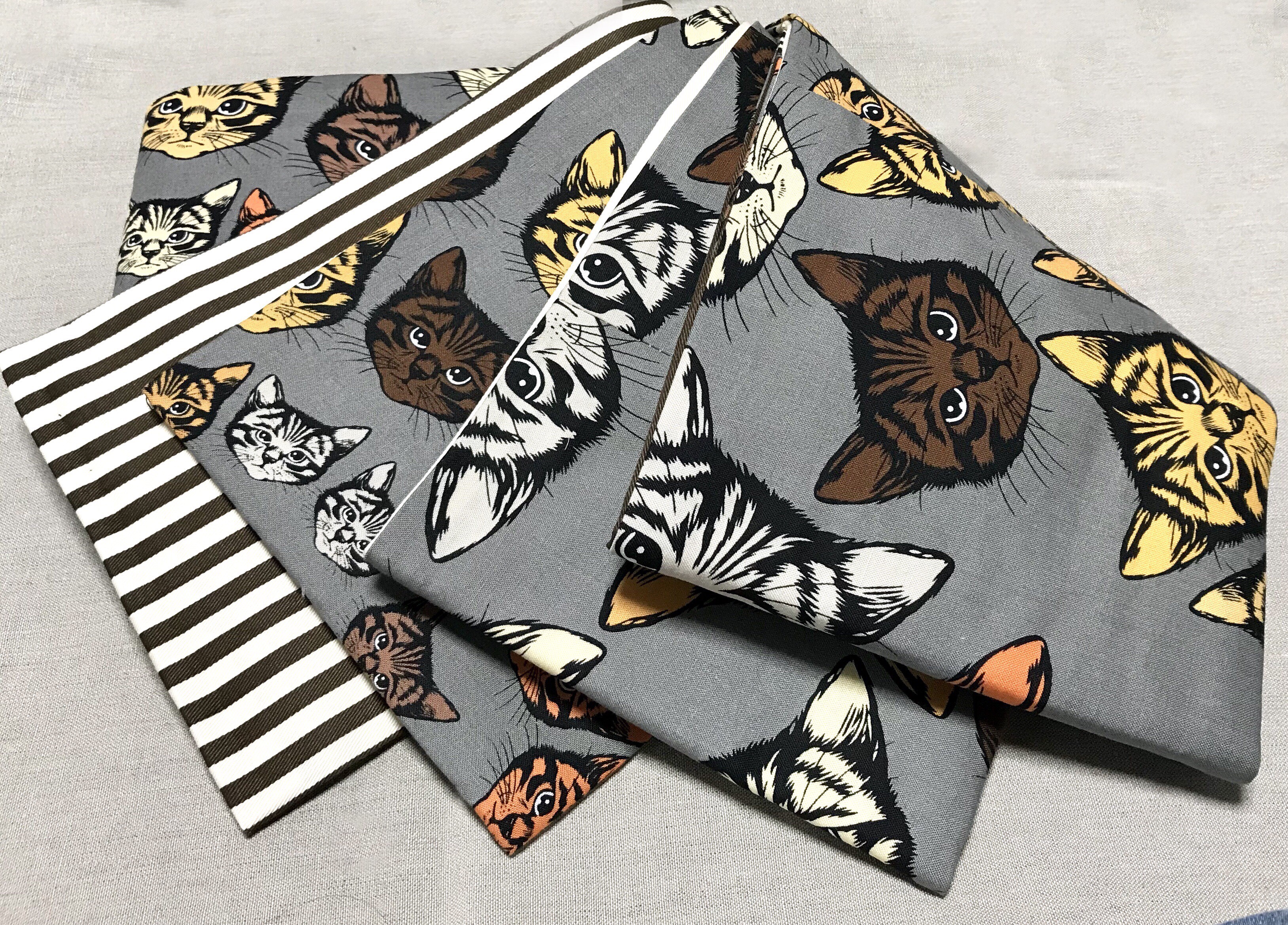 USAコットン猫ちゃんイラスト柄半幅帯新品長尺リバＡ