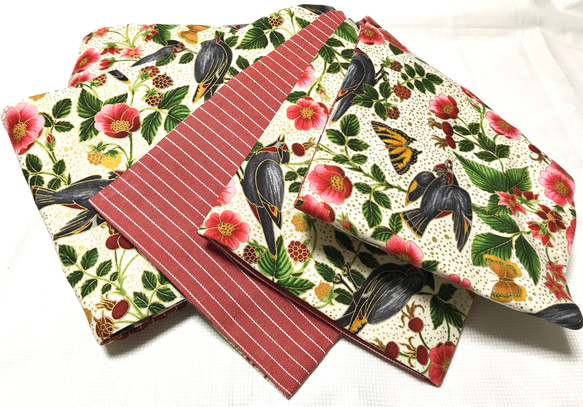 美品、リバーシブル半幅帯・小鳥柄&レース 半幅帯】ハンドメイド 鳥柄 ネイビー リバーシブル 長尺 No.6