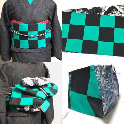名古屋帯 四角に抽象波模様 灰青緑色 KO-1016